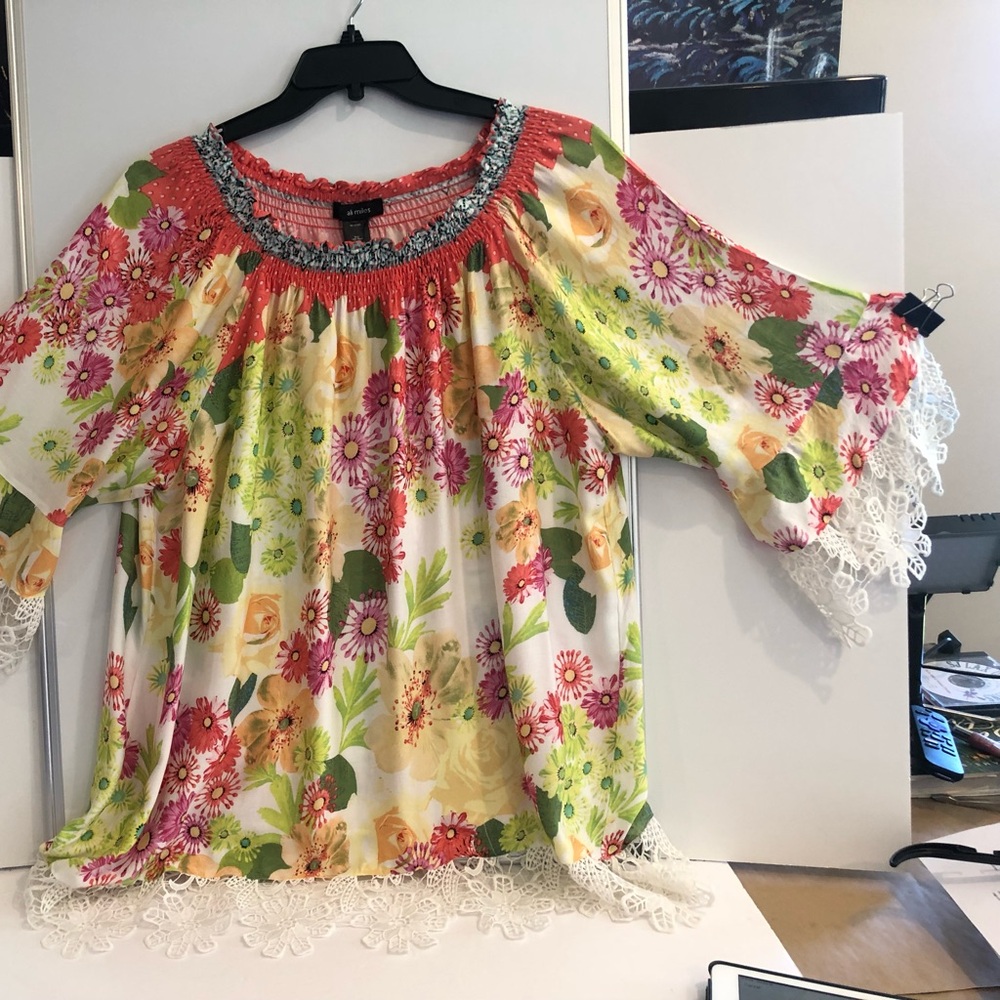 Ali Miles Floral Multicolor Top with Lace Trim